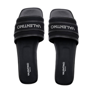 Valentino Slider Satin Black in satin con fascia e logo scintillante