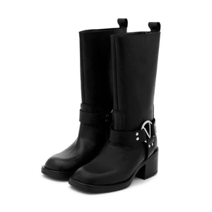 Stivaletto biker VALENTINO in pelle di vitello nero effetto vintage con punta squadrata e tacco medio