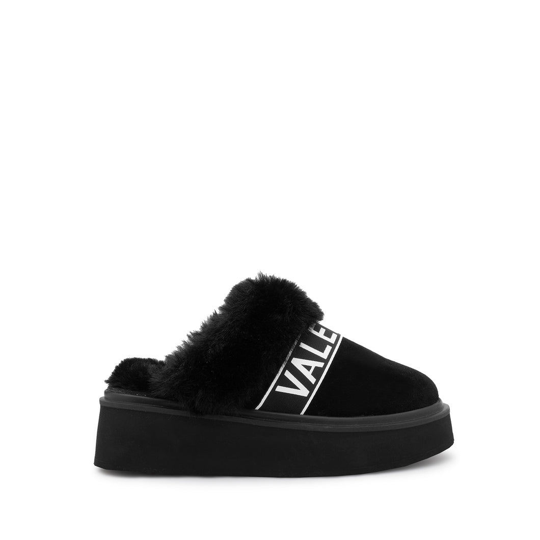 Ciabatta Valentino Kira Black in pelle scamosciata con fascia logata e suola leggera